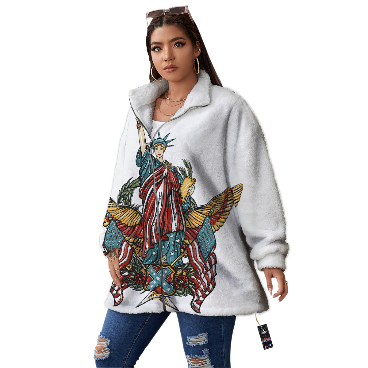 Patriotic Art Statue Of Liberty Print Women's Sherpa Jacket-grizzshop