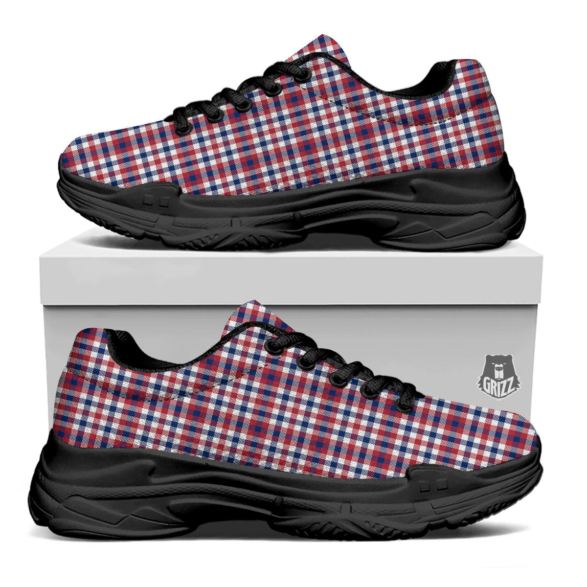 Patriotic Plaid American Print Black Chunky Shoes-grizzshop