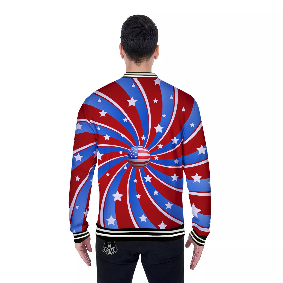 Patriotic Star Swirl American Print Baseball Jacket-grizzshop