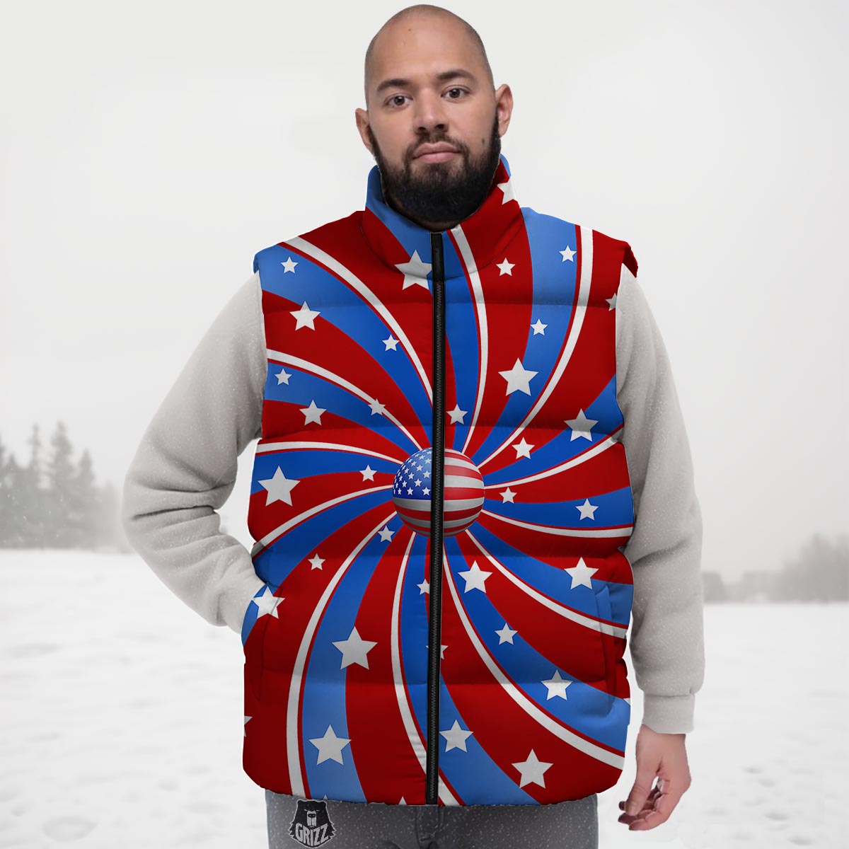 Patriotic Star Swirl American Print Down Vest