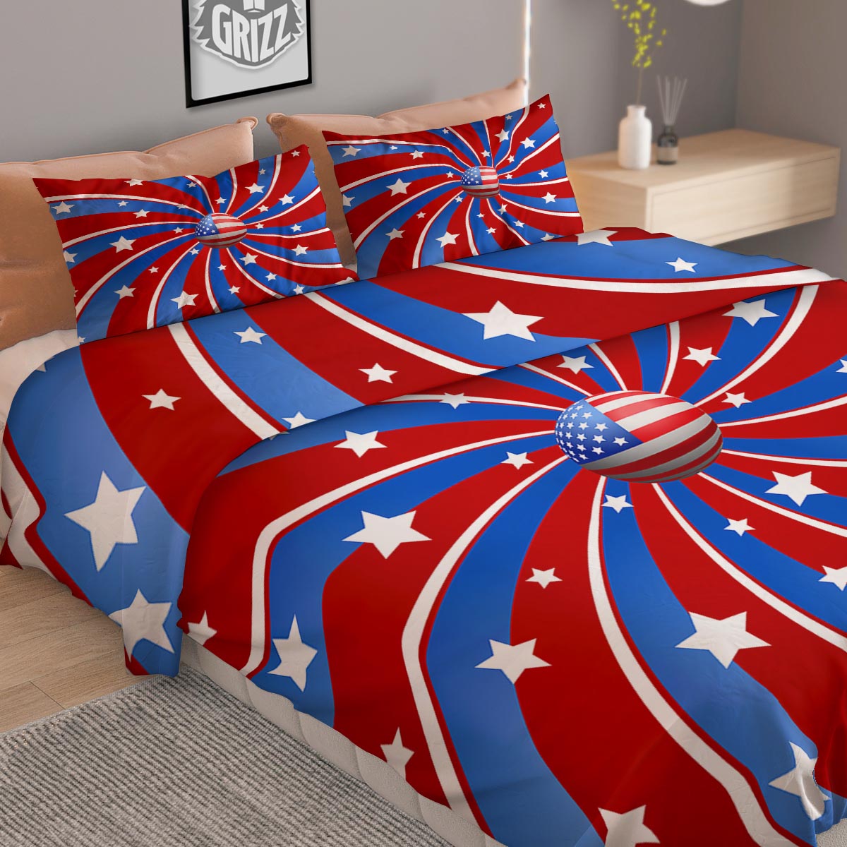 Patriotic Star Swirl American Print Duvet Cover Bedding Set