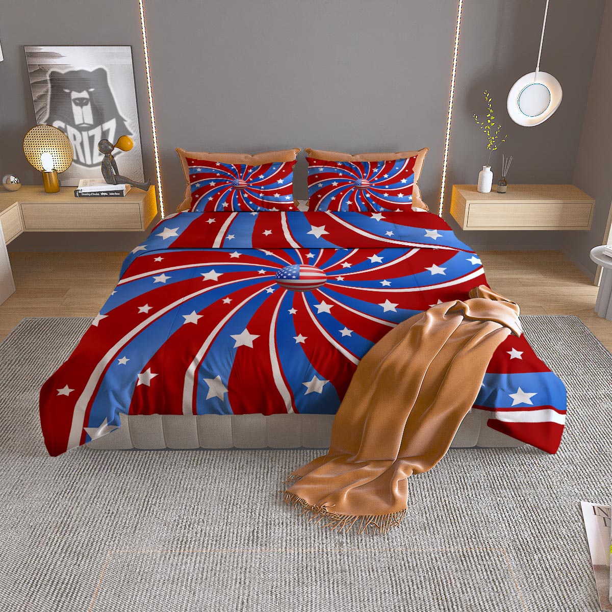 Patriotic Star Swirl American Print Duvet Cover Bedding Set