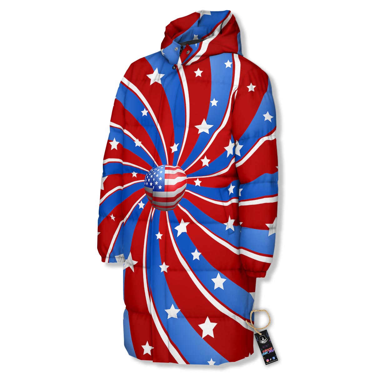 Patriotic Star Swirl American Print Long Down Jacket-grizzshop