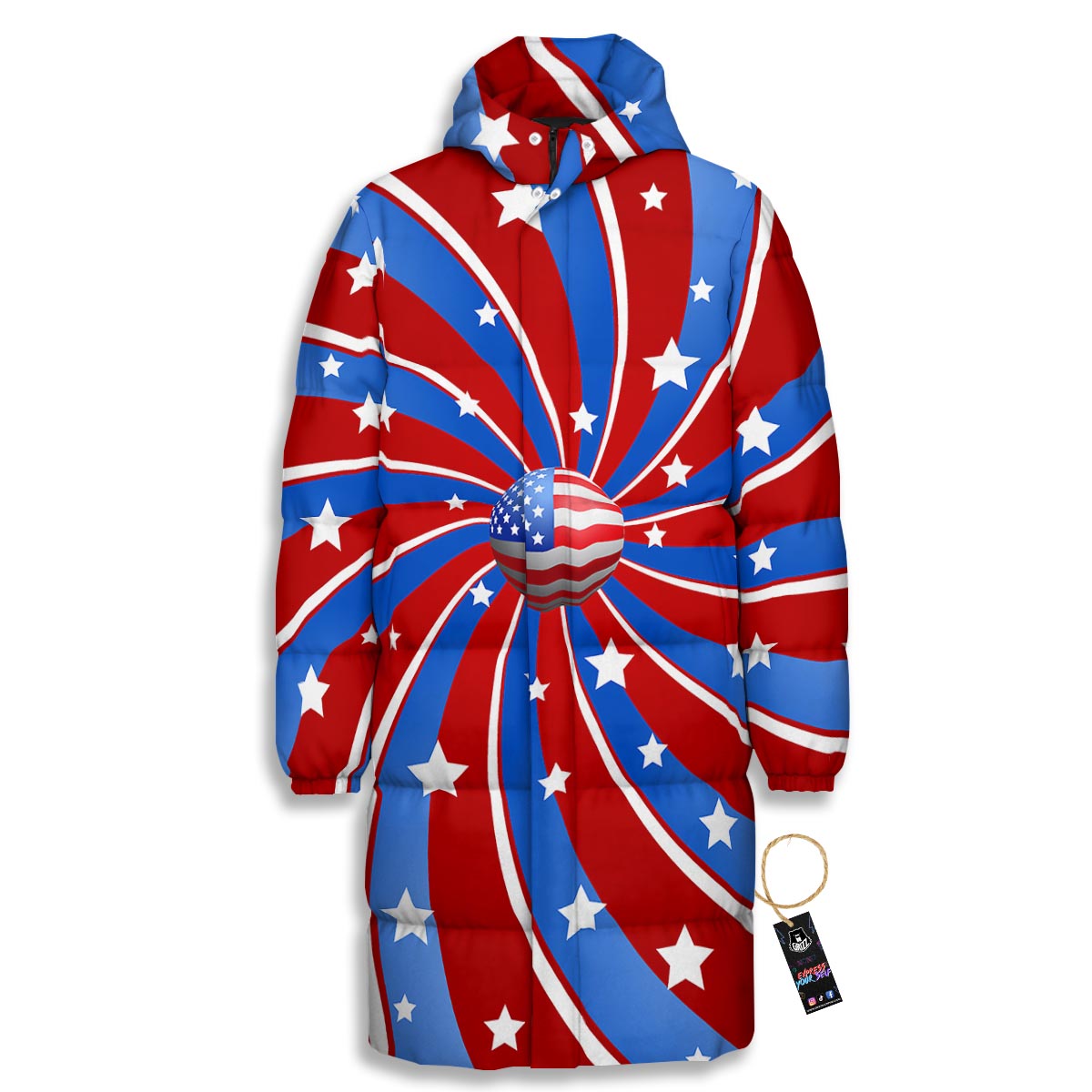 Patriotic Star Swirl American Print Long Down Jacket-grizzshop