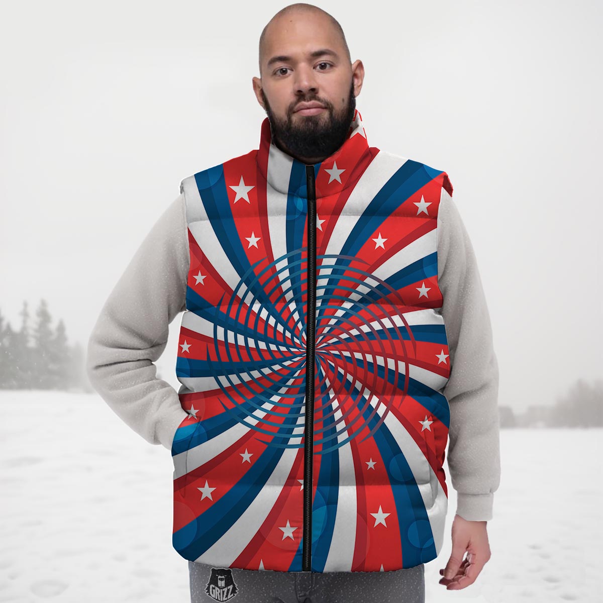 Patriotic Swirly American Print Down Vest