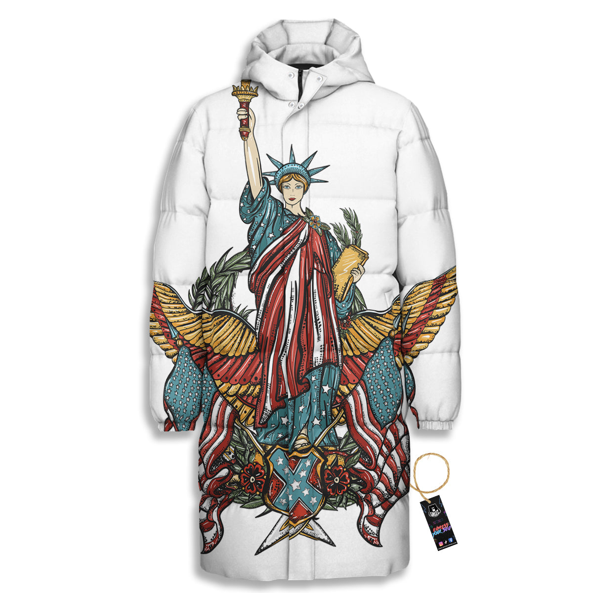 Patriotic Art Statue Of Liberty Print Long Down Jacket