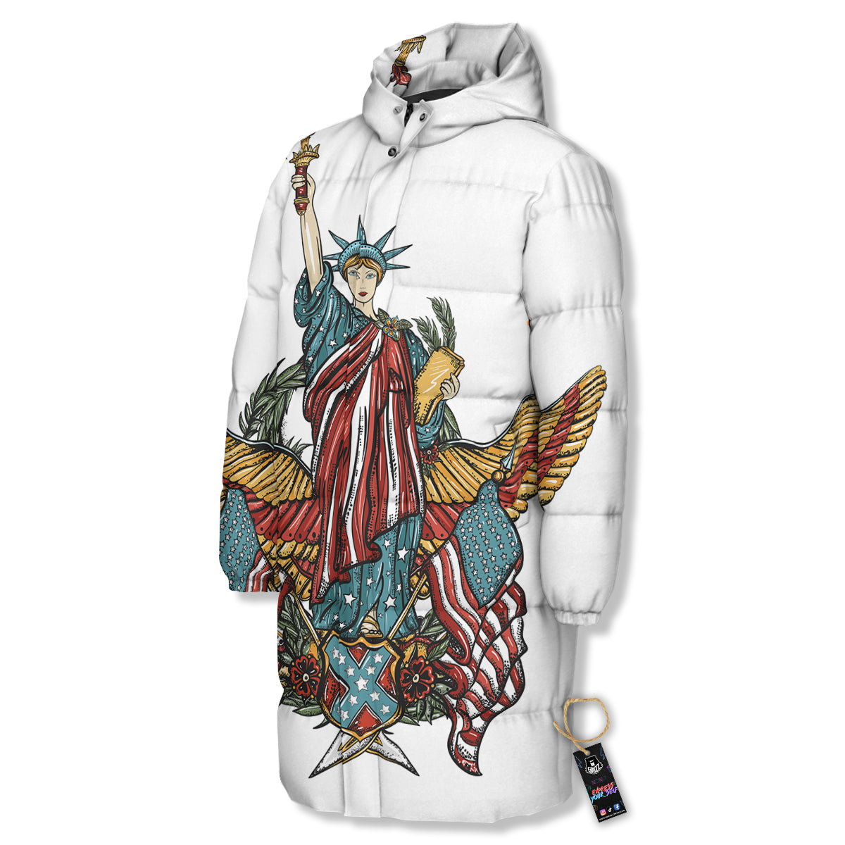 Patriotic Art Statue Of Liberty Print Long Down Jacket