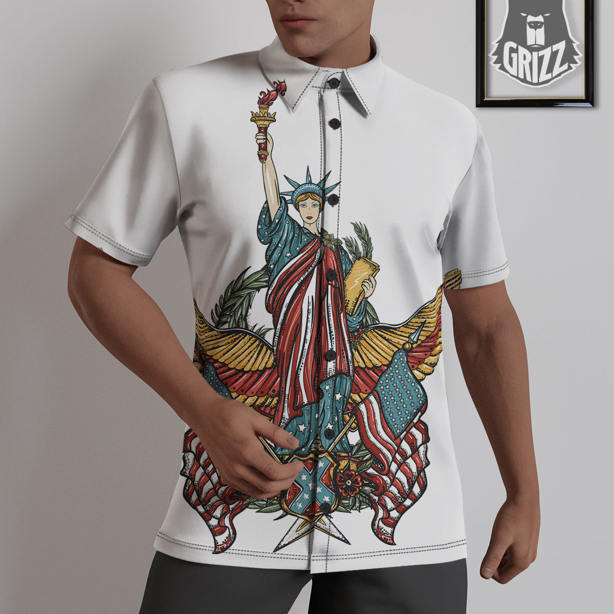 Patriotic Art Statue Of Liberty Print Untucked Shirts-grizzshop