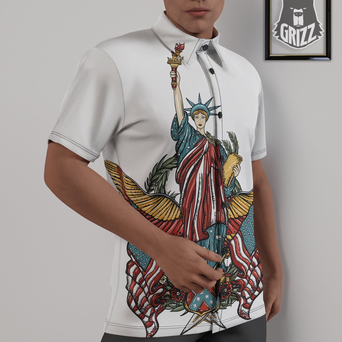 Patriotic Art Statue Of Liberty Print Untucked Shirts-grizzshop