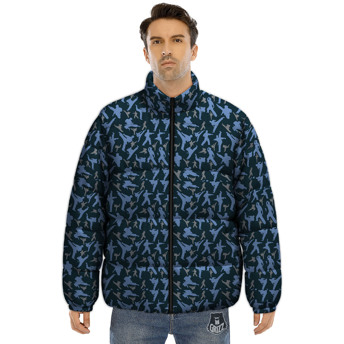 Pattern Karate Print Puffer Jacket-grizzshop