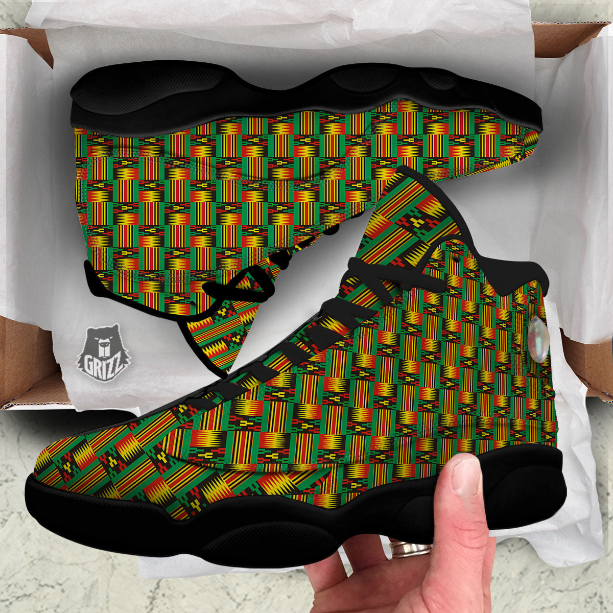 Pattern Kente Print Black Basketball Shoes-grizzshop