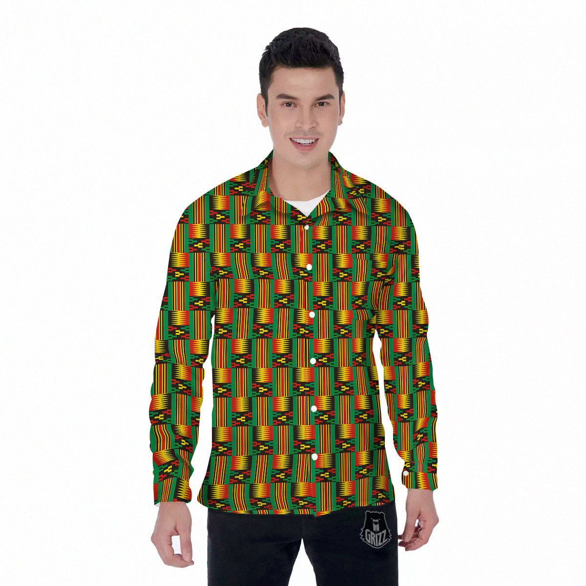 Pattern Kente Print Men's Long Sleeve Shirts-grizzshop
