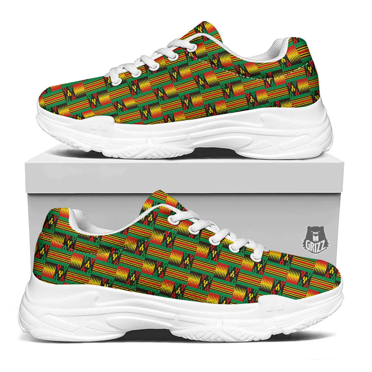 Pattern Kente Print White Chunky Shoes-grizzshop