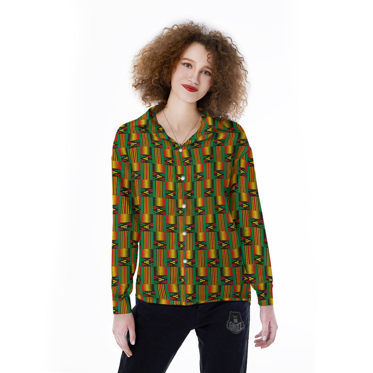 Pattern Kente Print Women's Long Sleeve Shirts-grizzshop