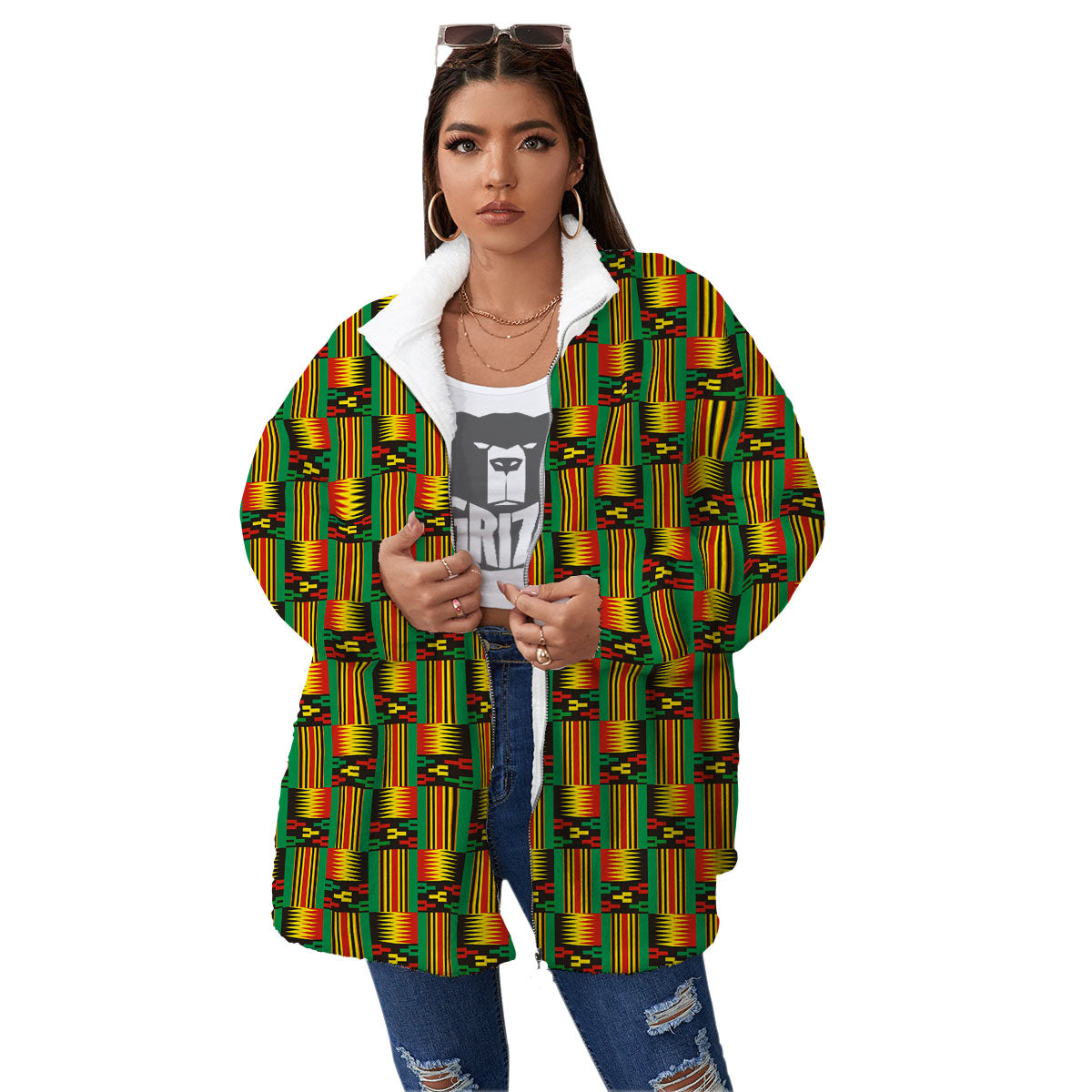 Pattern Kente Print Women's Sherpa Jacket-grizzshop