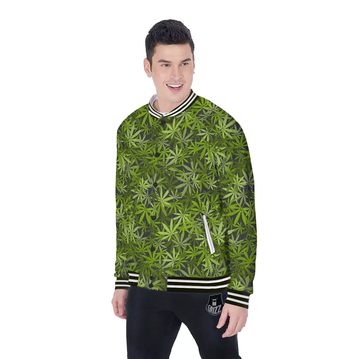 Pattern Leaf Marijuana Print Baseball Jacket-grizzshop