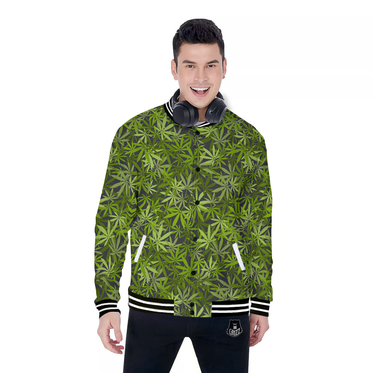 Pattern Leaf Marijuana Print Baseball Jacket-grizzshop