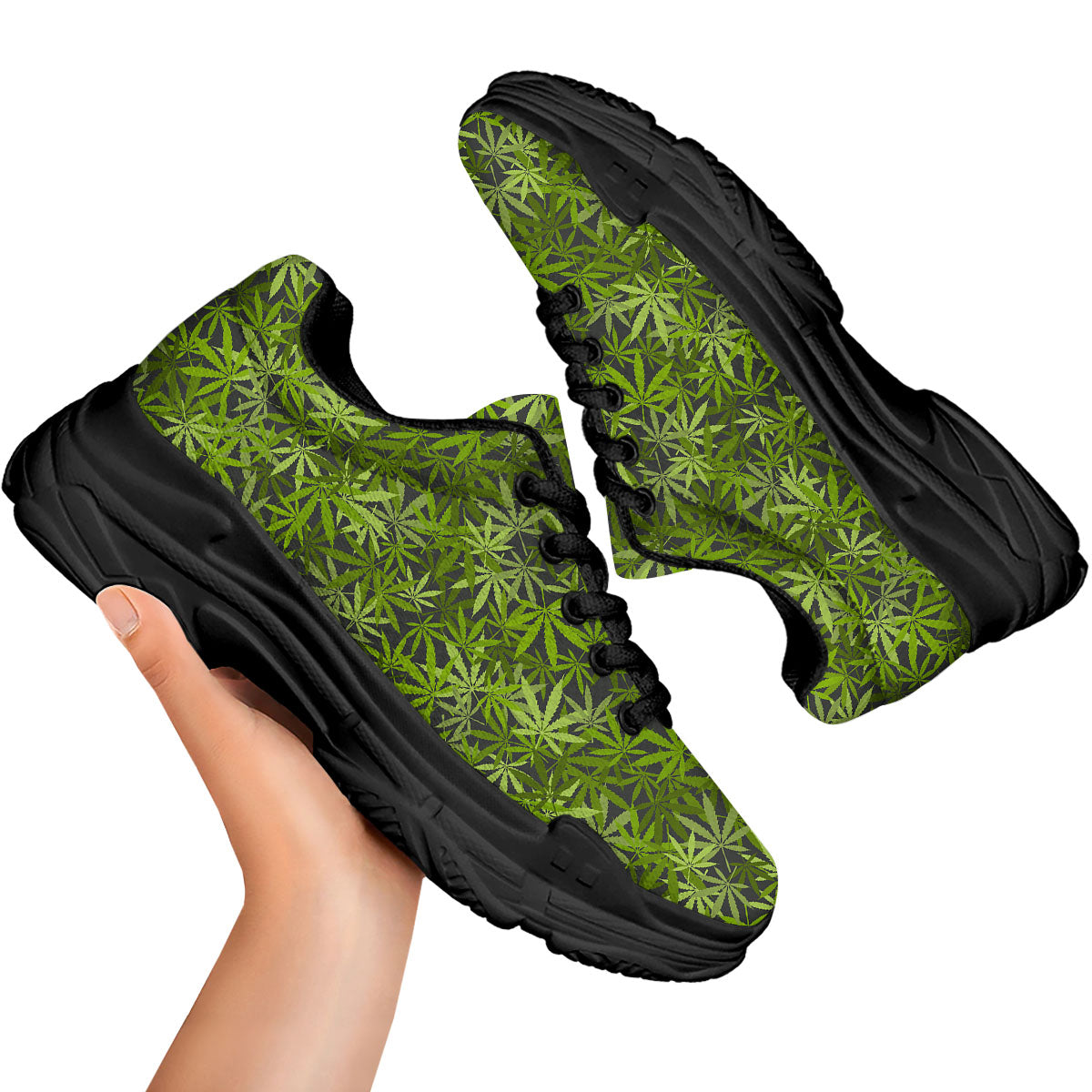 Pattern Leaf Marijuana Print Black Chunky Shoes-grizzshop