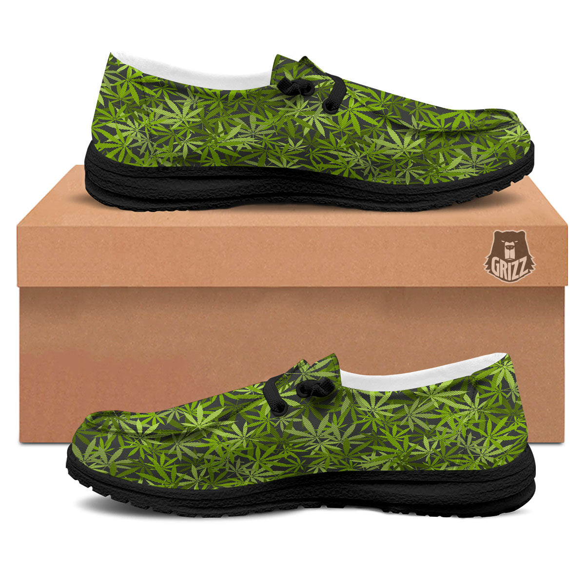 Pattern Leaf Marijuana Print Black Loafers-grizzshop