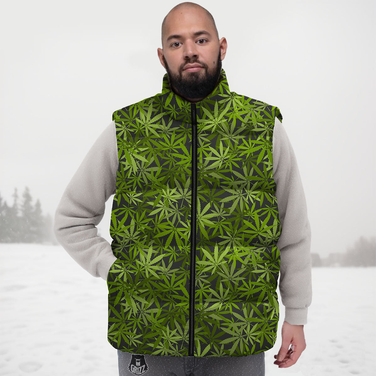Pattern Leaf Marijuana Print Down Vest