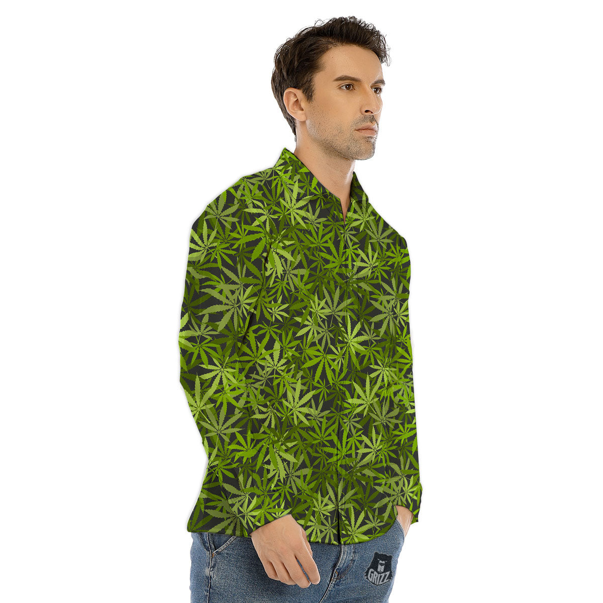 Pattern Leaf Marijuana Print Men's Dress Shirts-grizzshop