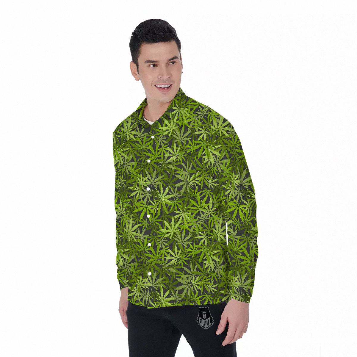 Pattern Leaf Marijuana Print Men's Long Sleeve Shirts-grizzshop