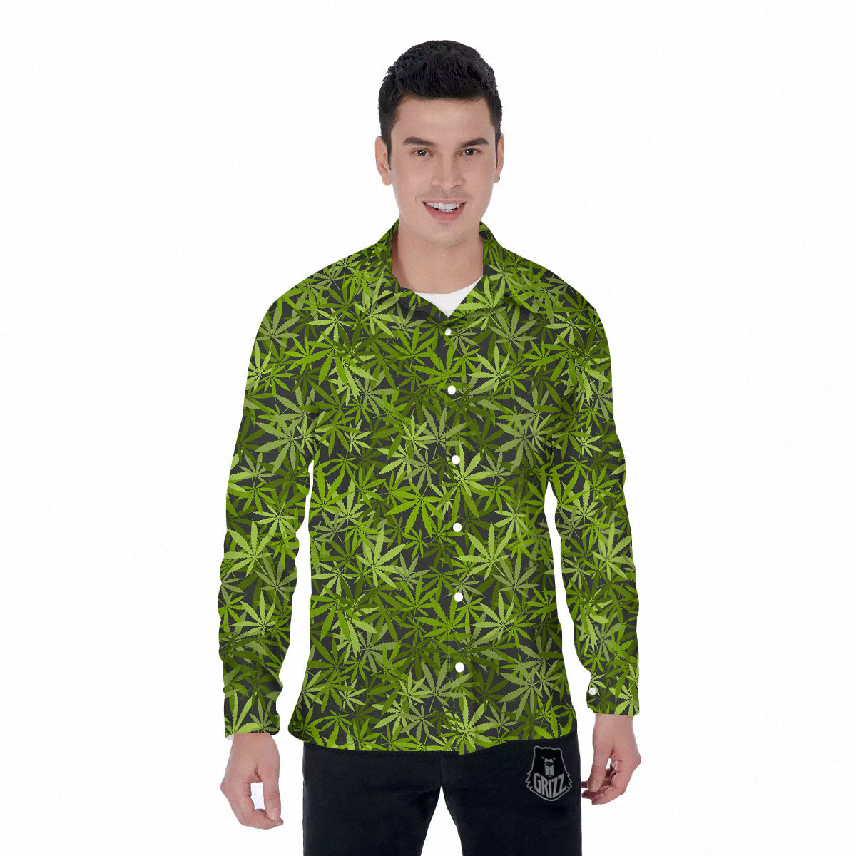 Pattern Leaf Marijuana Print Men's Long Sleeve Shirts-grizzshop