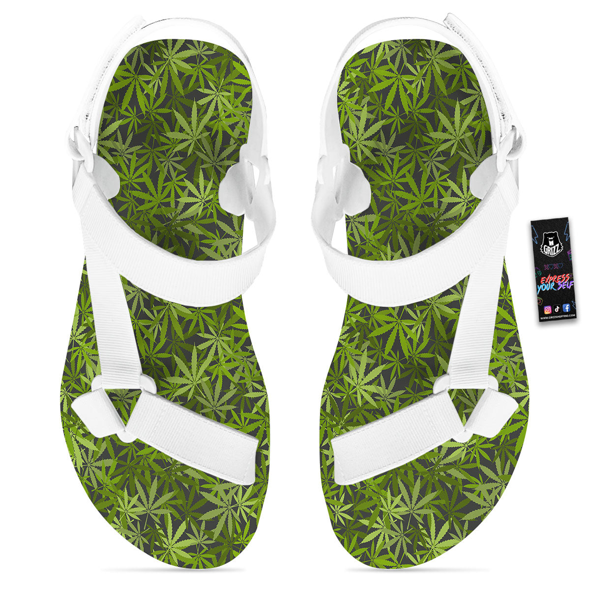 Pattern Leaf Marijuana Print White Open Toe Sandals-grizzshop