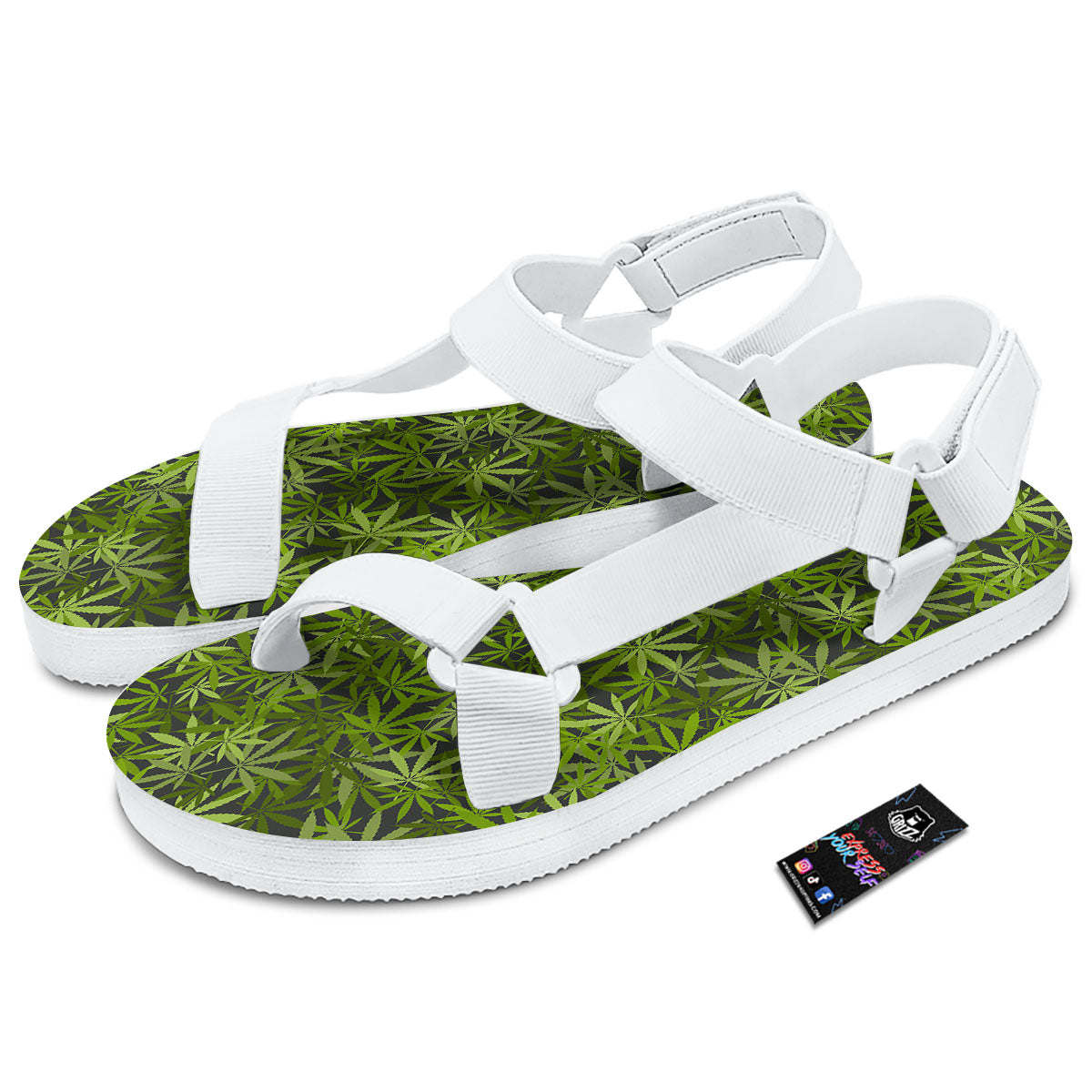 Pattern Leaf Marijuana Print White Open Toe Sandals-grizzshop