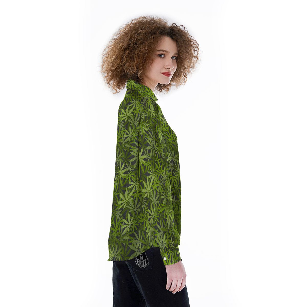 Pattern Leaf Marijuana Print Women's Long Sleeve Shirts-grizzshop