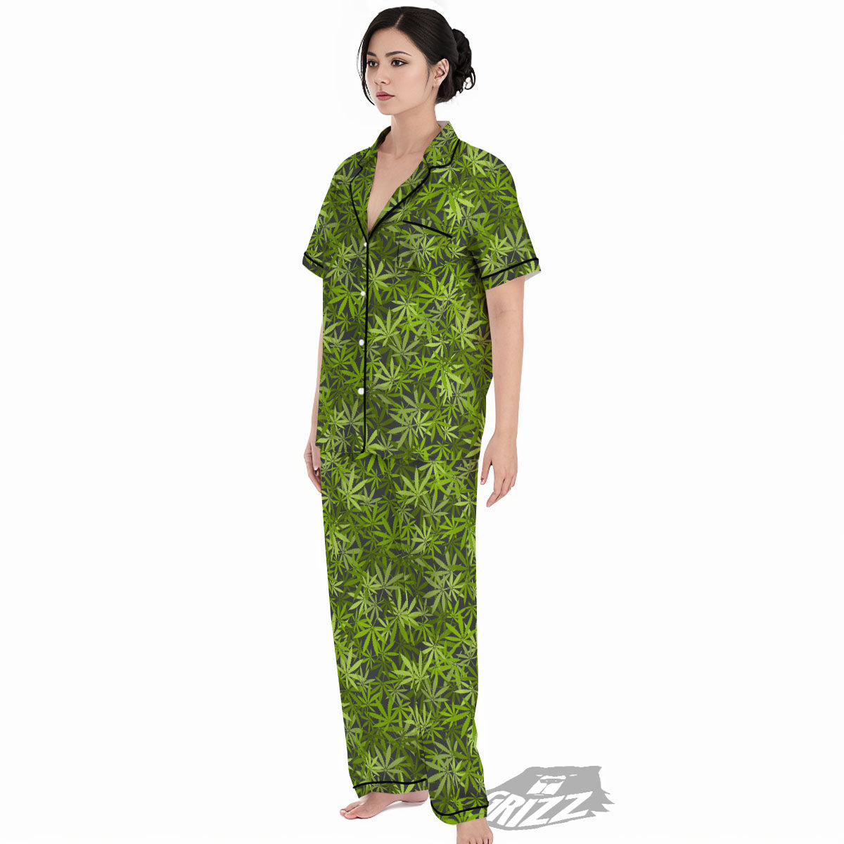 Pattern Leaf Marijuana Print Women's Pajamas Set-grizzshop