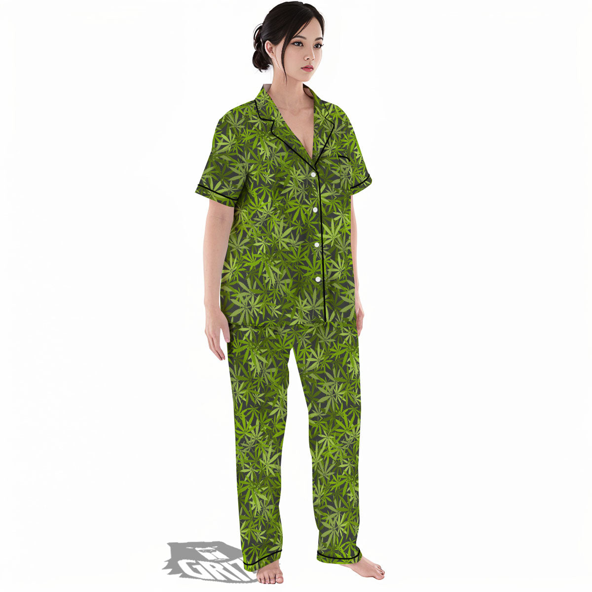 Pattern Leaf Marijuana Print Women's Pajamas Set-grizzshop