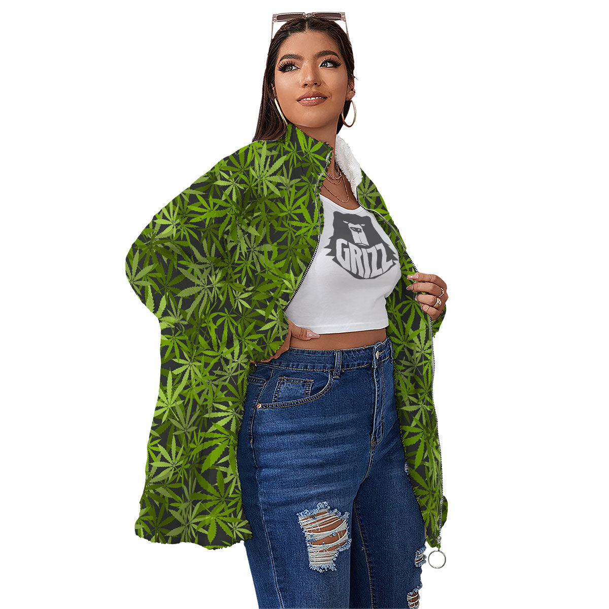 Pattern Leaf Marijuana Print Women's Sherpa Jacket-grizzshop