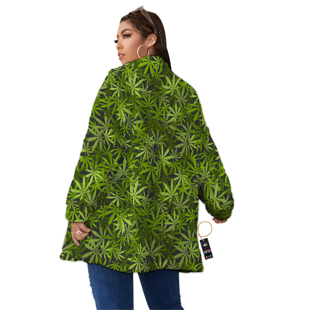 Pattern Leaf Marijuana Print Women's Sherpa Jacket-grizzshop