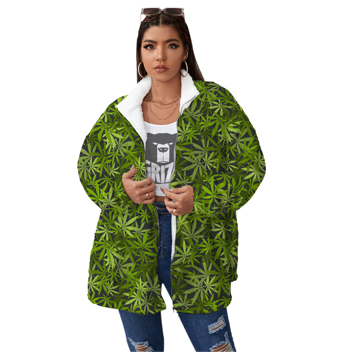 Pattern Leaf Marijuana Print Women's Sherpa Jacket-grizzshop
