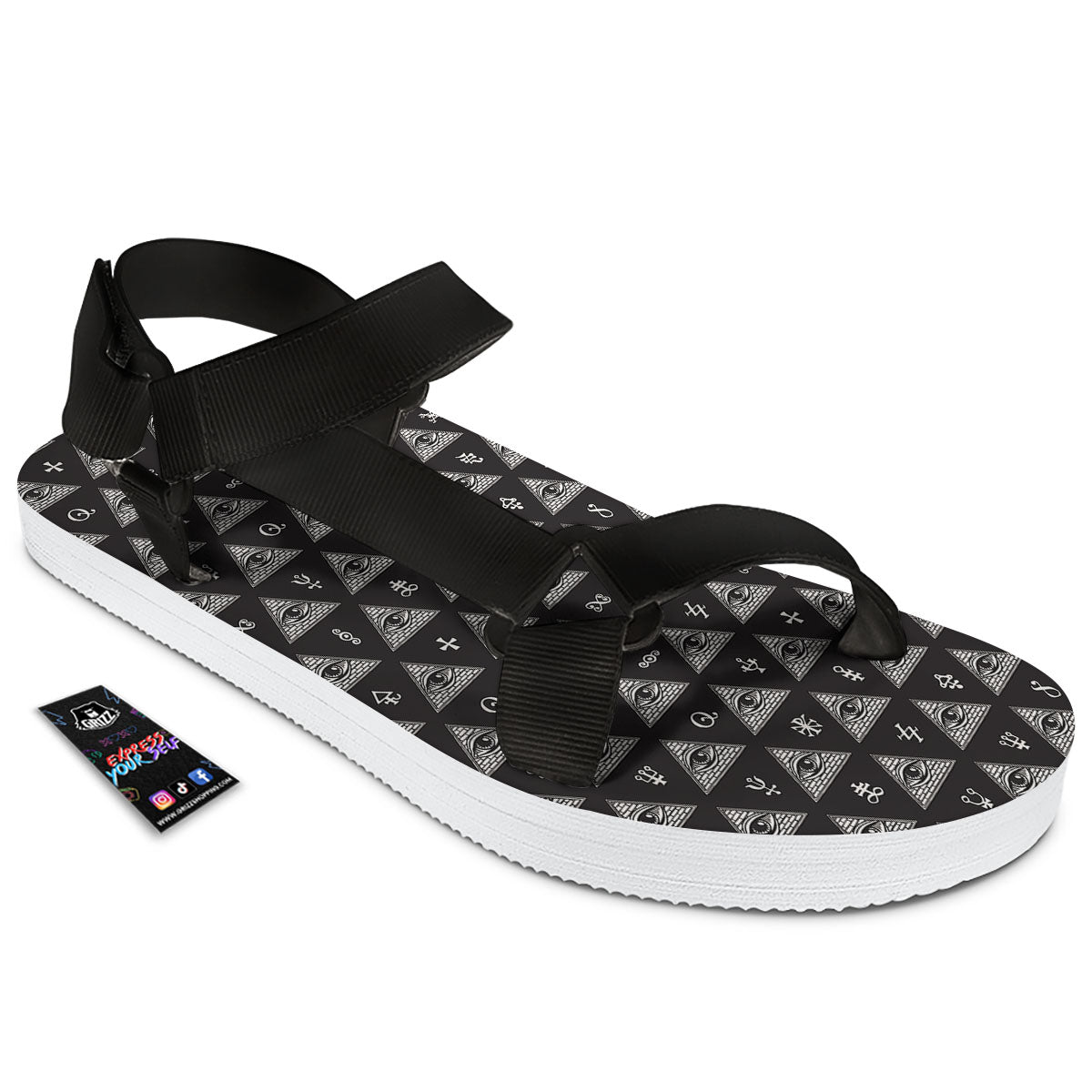 Pattern Masonic Eye Print Black Open Toe Sandals-grizzshop
