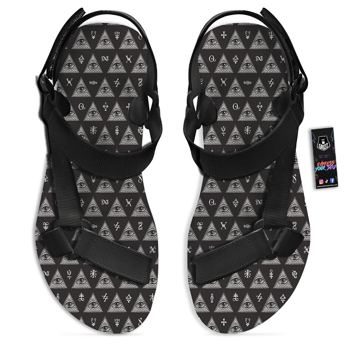 Pattern Masonic Eye Print Black Open Toe Sandals-grizzshop