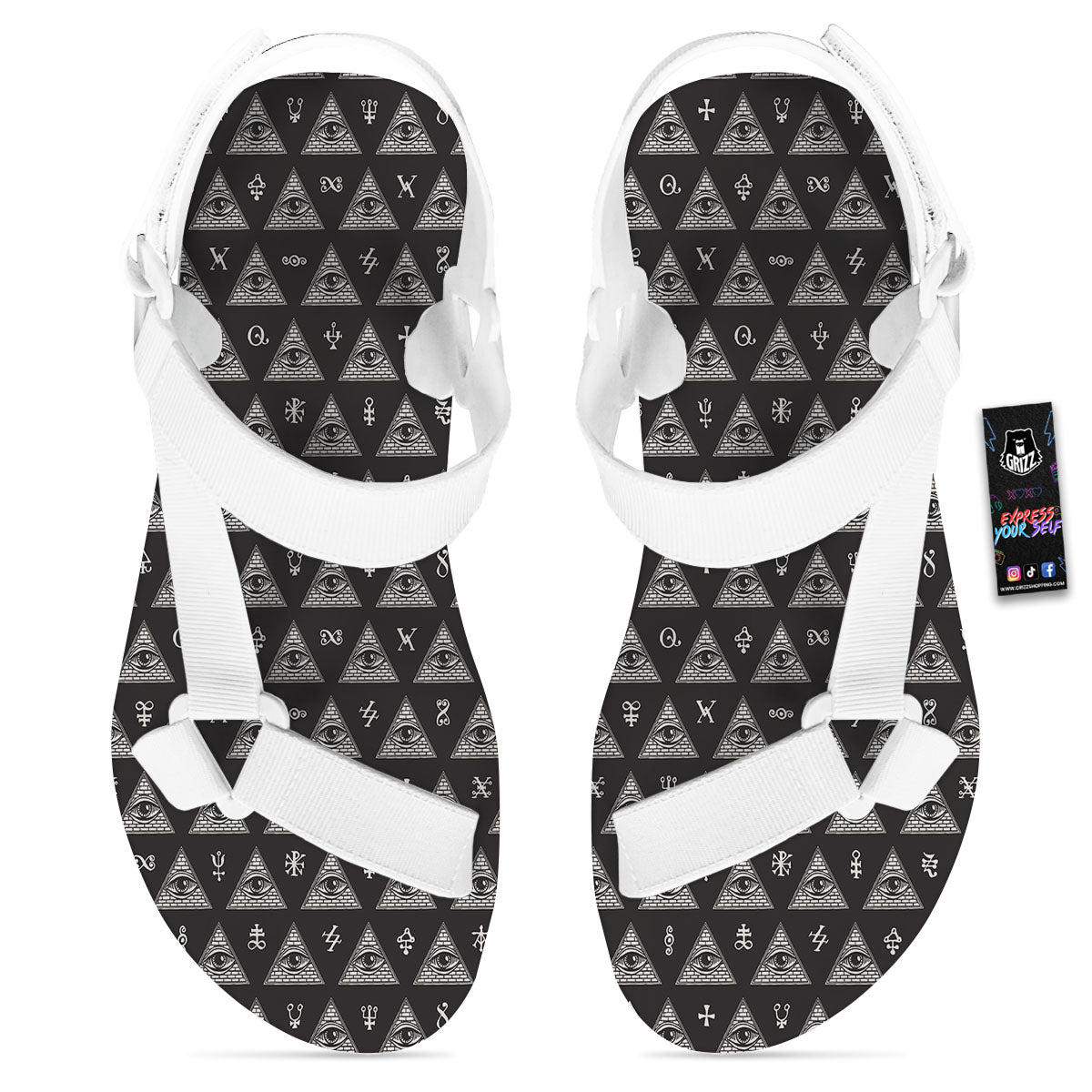 Pattern Masonic Eye Print White Open Toe Sandals-grizzshop
