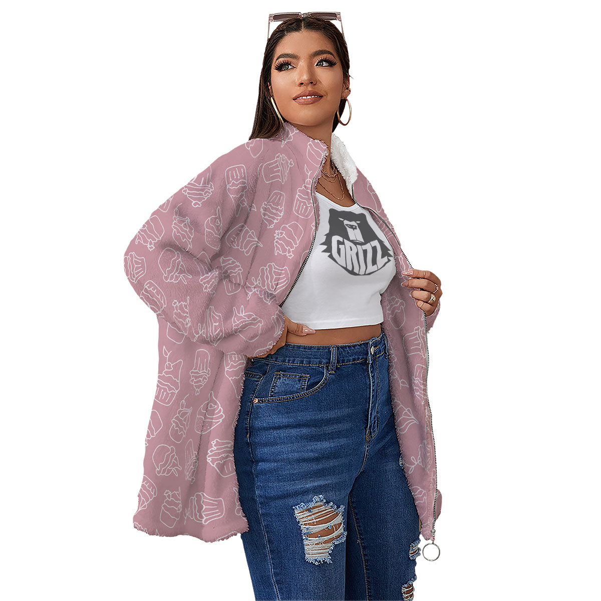 Pattern Mini Cupcake Print Women's Sherpa Jacket-grizzshop