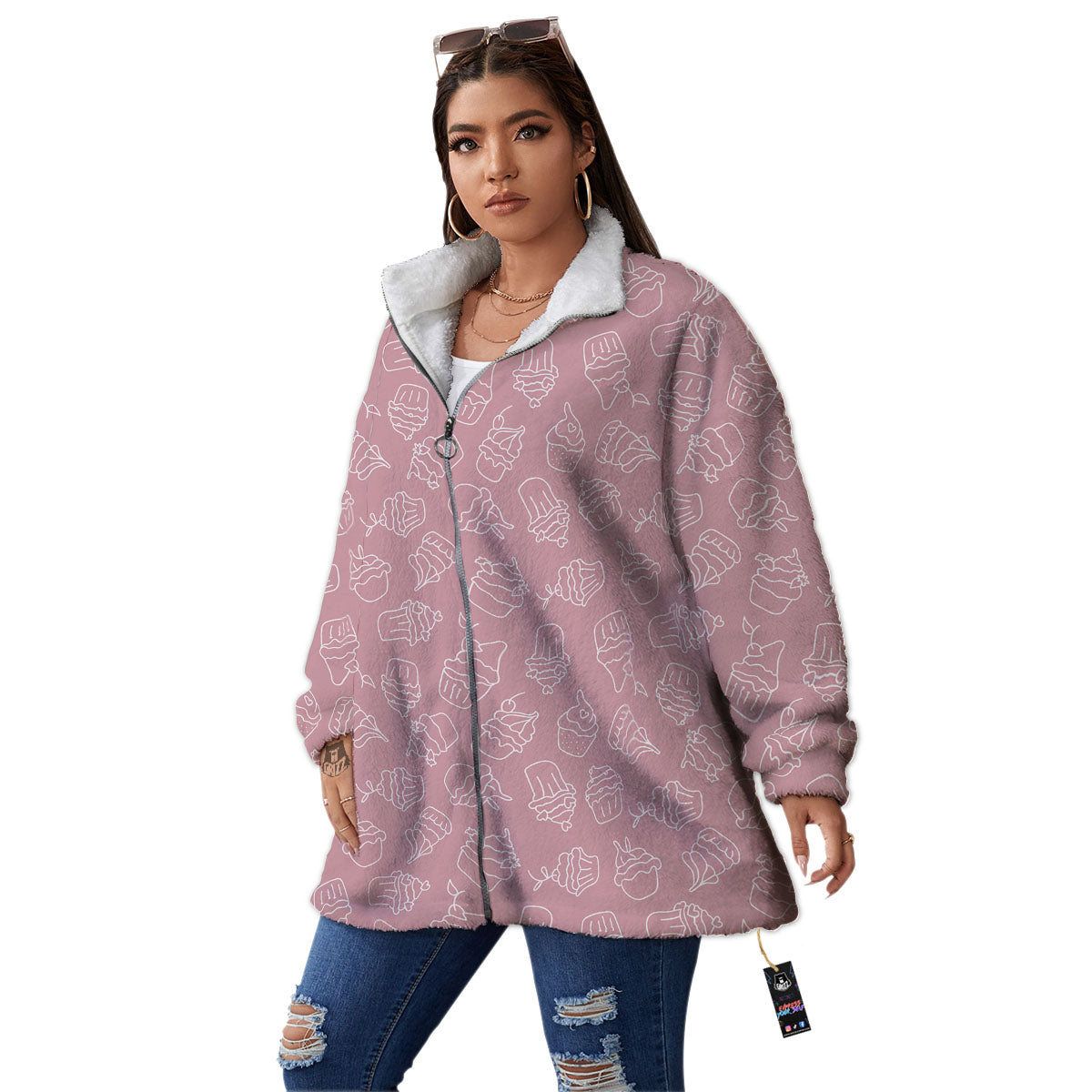 Pattern Mini Cupcake Print Women's Sherpa Jacket-grizzshop