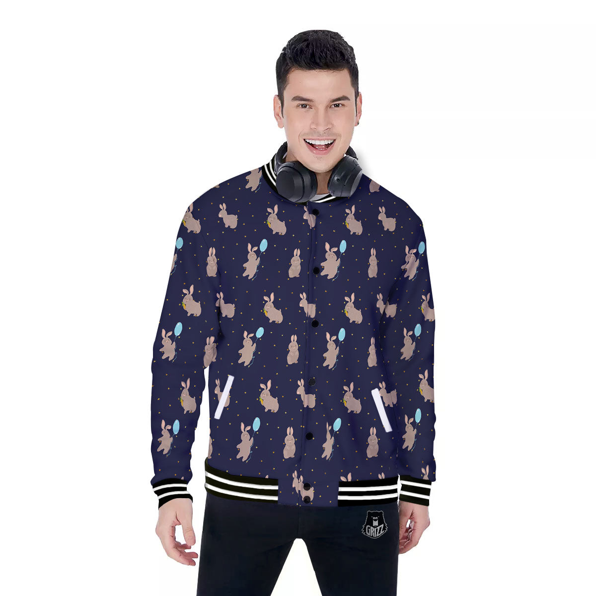 Pattern Mini Rabbit Print Baseball Jacket-grizzshop