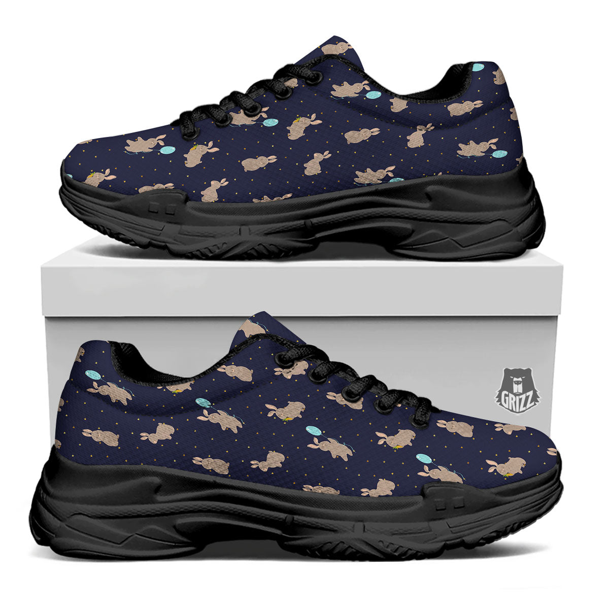 Pattern Mini Rabbit Print Black Chunky Shoes-grizzshop