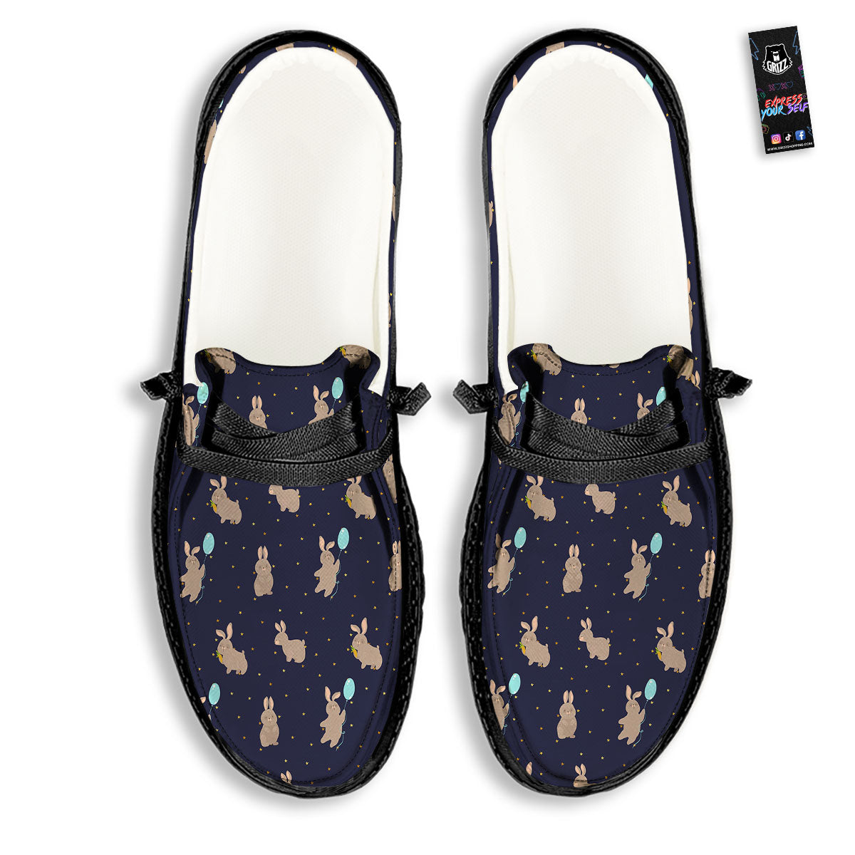 Pattern Mini Rabbit Print Black Loafers-grizzshop