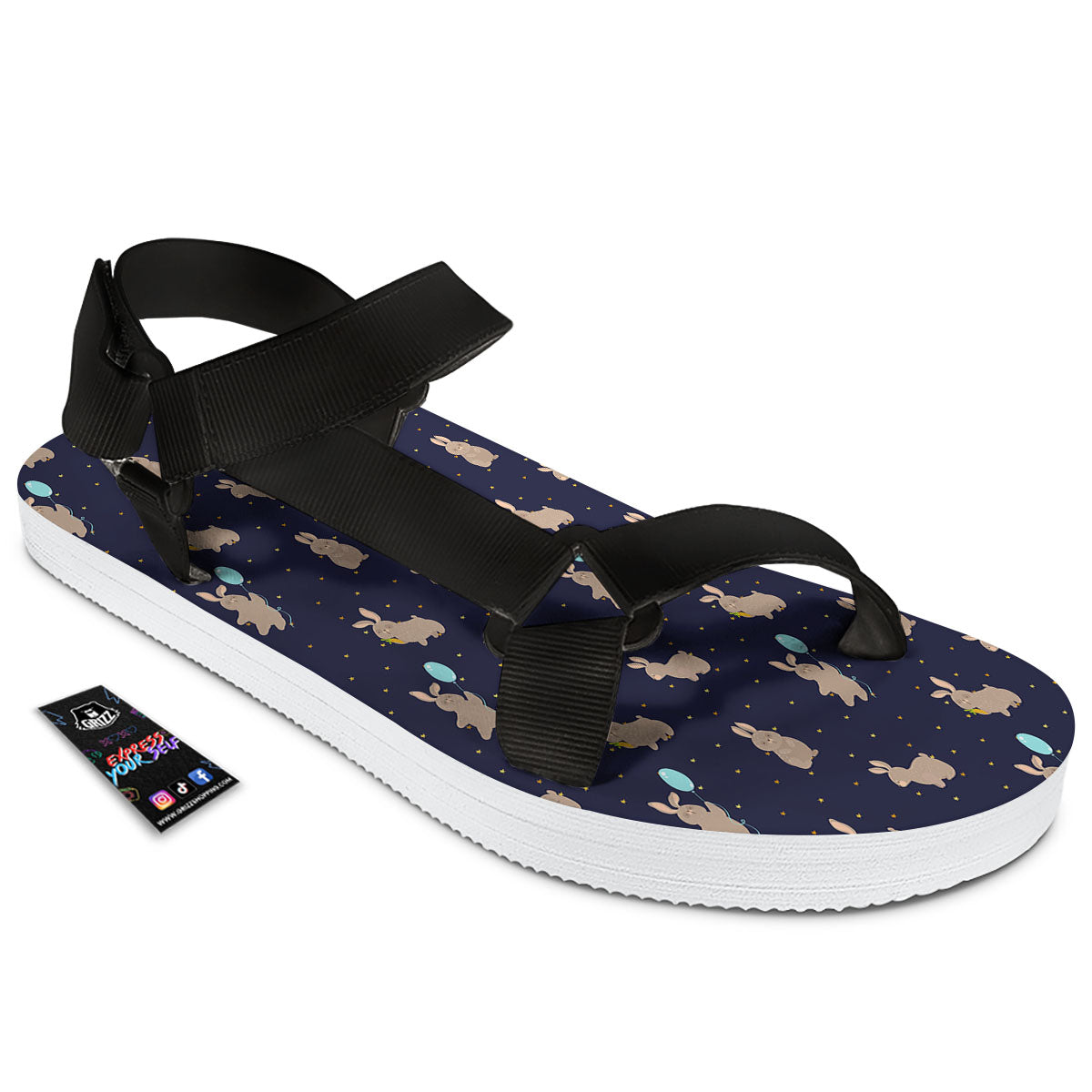 Pattern Mini Rabbit Print Black Open Toe Sandals-grizzshop