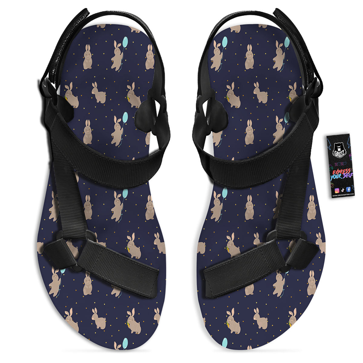 Pattern Mini Rabbit Print Black Open Toe Sandals-grizzshop