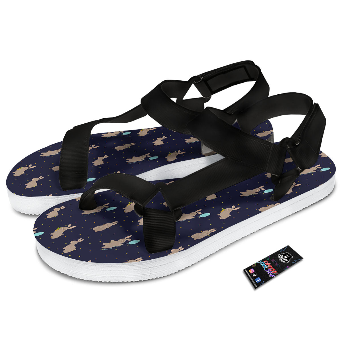Pattern Mini Rabbit Print Black Open Toe Sandals-grizzshop