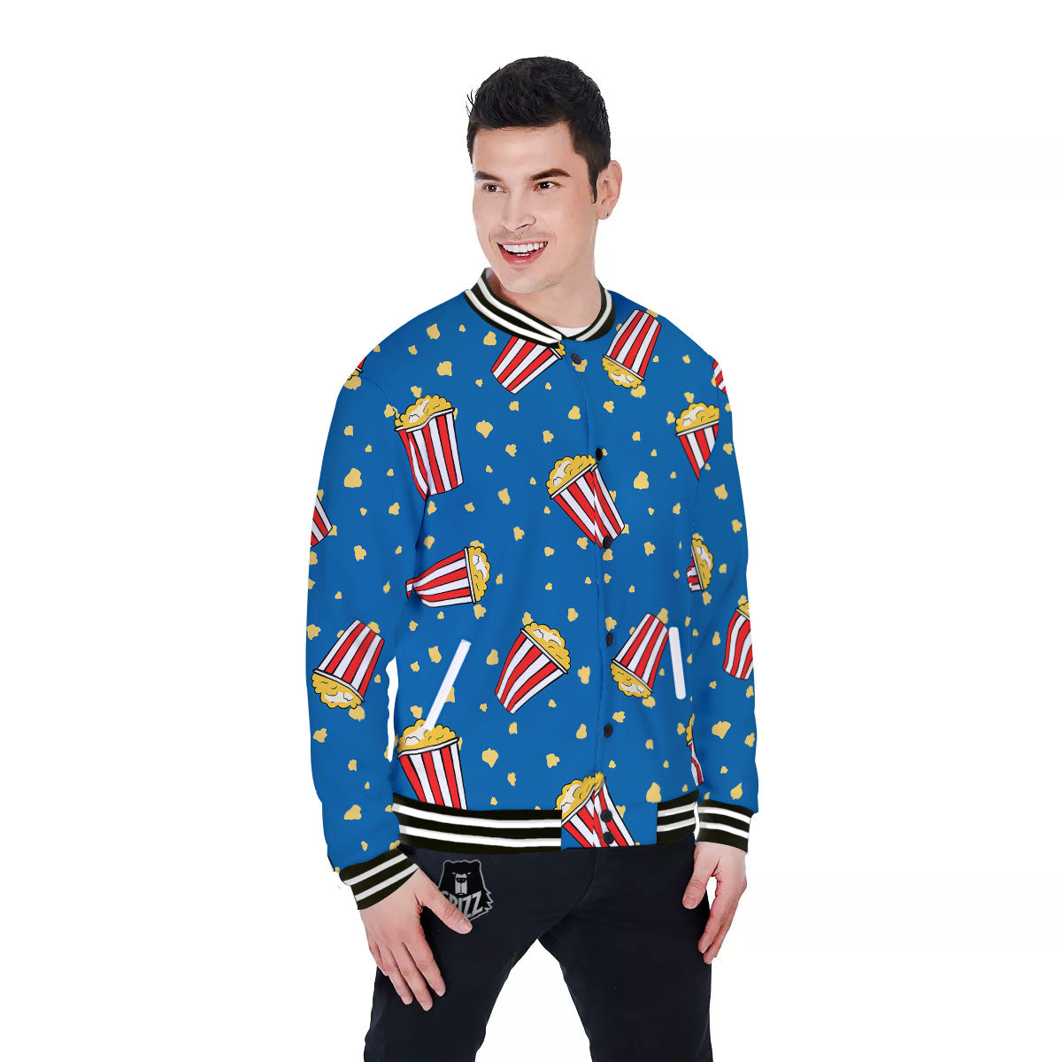 Pattern Popcorn Print Baseball Jacket-grizzshop