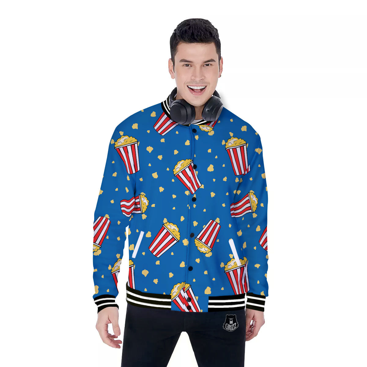 Pattern Popcorn Print Baseball Jacket-grizzshop