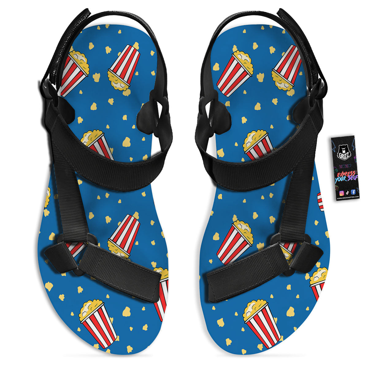 Pattern Popcorn Print Black Open Toe Sandals-grizzshop