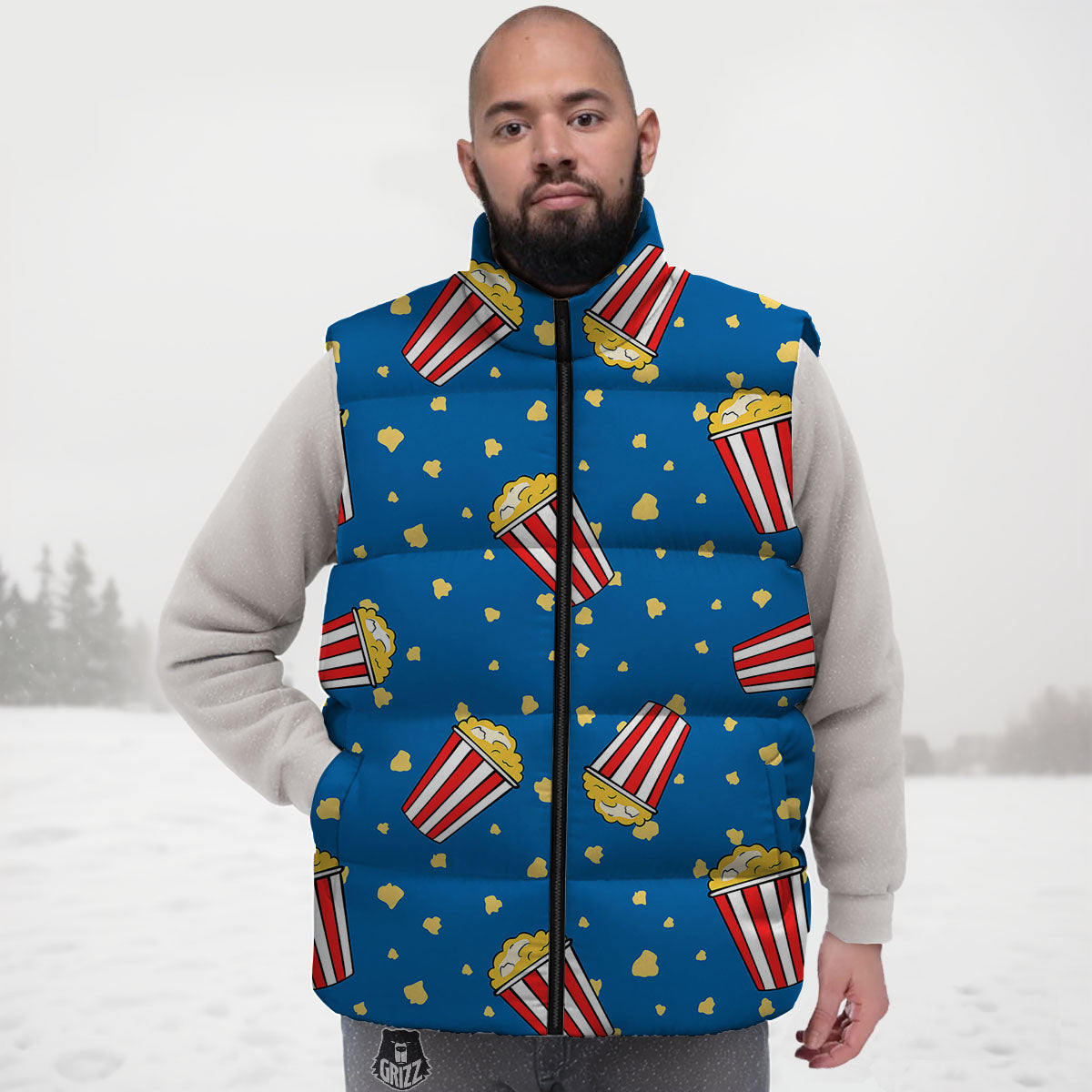 Pattern Popcorn Print Down Vest-grizzshop